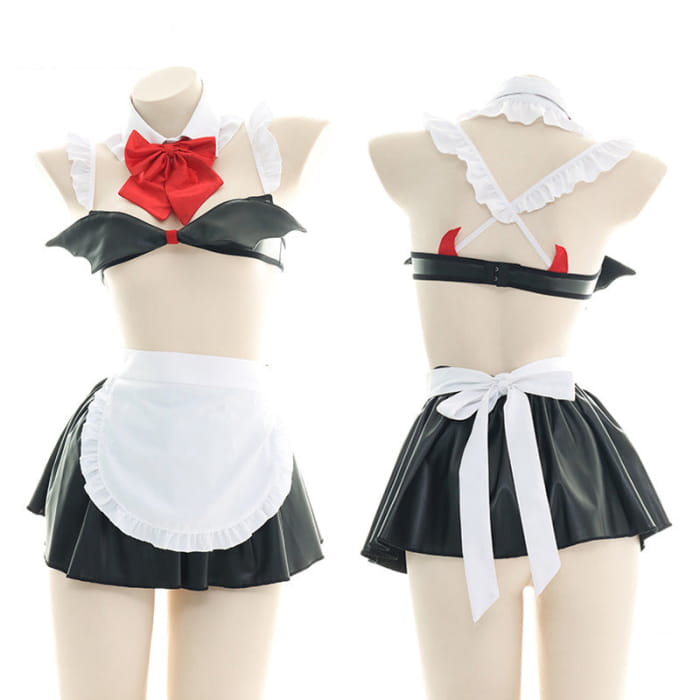 Red Bow Knot Devil Wings Maid Lingerie Set - Black