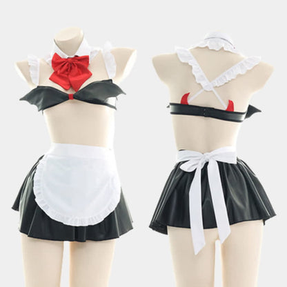 Red Bow Knot Devil Wings Maid Lingerie Set - Black