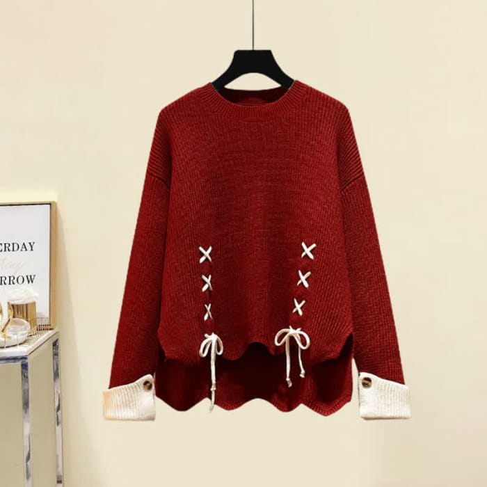 Red Bow Lace Up Knit Sweater Slip Dress Set