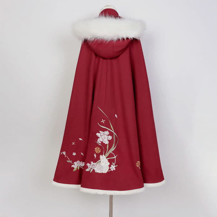 Red Bunny Embroidery Plush Hooded Cloak Coat