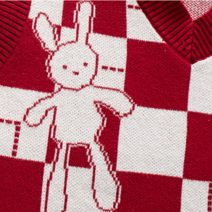 Red Bunny Lattice Print Vest Lapel Pleated Shirt Dress Set