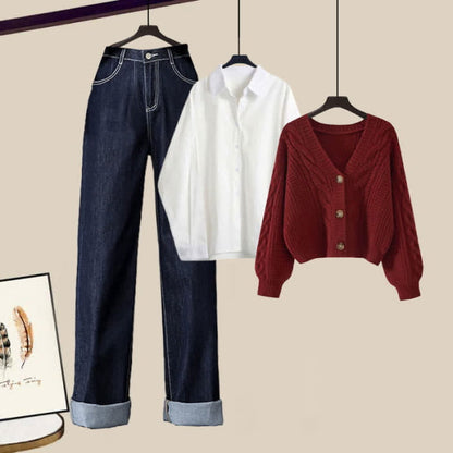 Red Cardigan Sweater Lapel Shirt Denim Pants Set