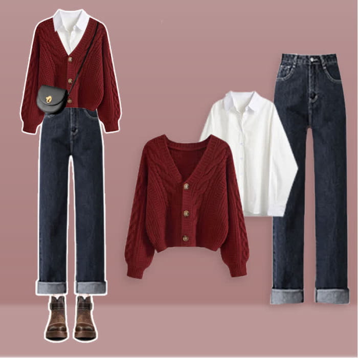 Red Cardigan Sweater Lapel Shirt Denim Pants Set - M