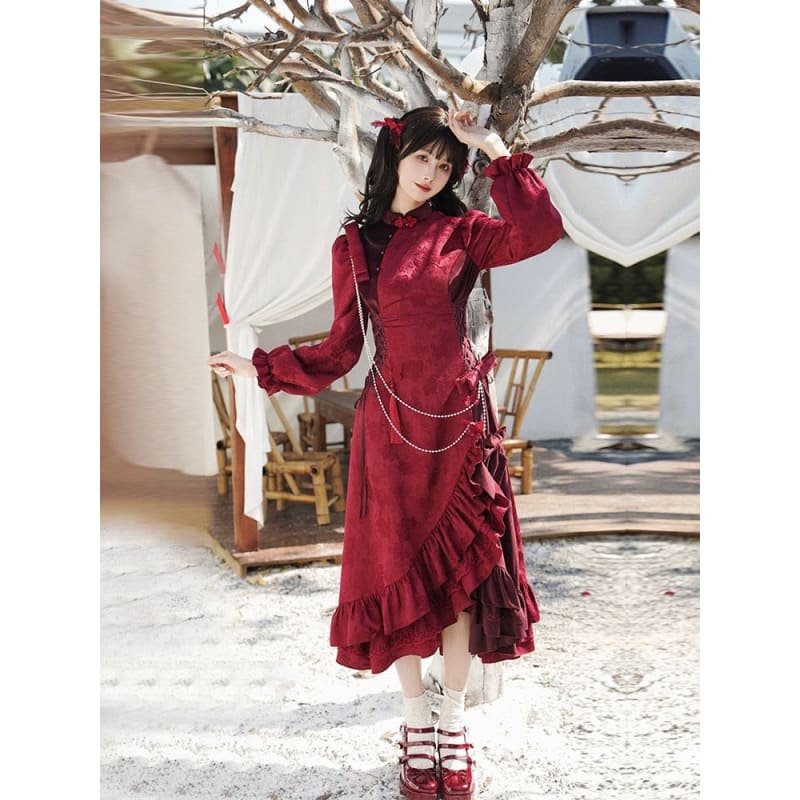 Red Chinese Silk Cheongsam Dress - S - Modern Hanfu