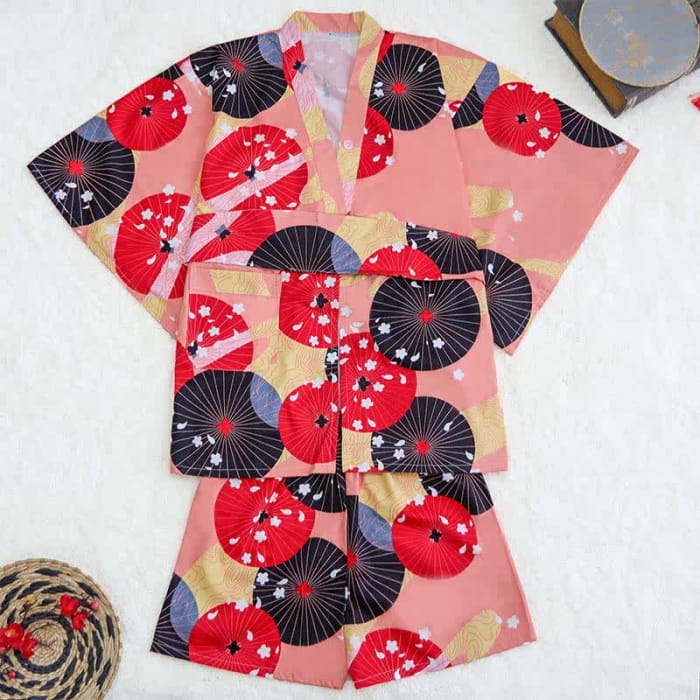 Red Cotton Vintage Print Cardigan Pajamas - Kimono / XL