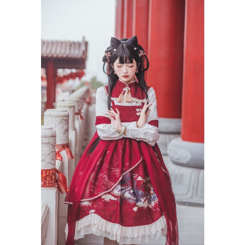 Red Dragon Lolita Tang Dress - S - Modern Hanfu