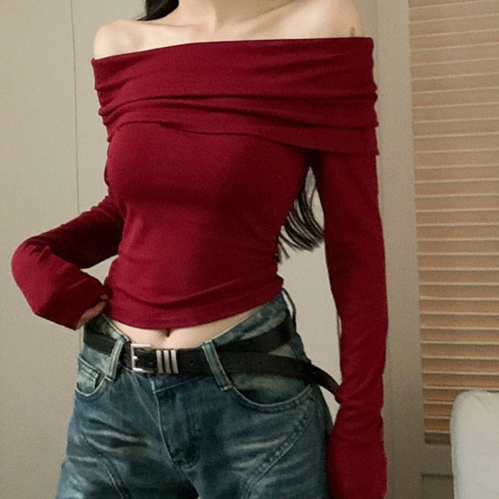 Red Elegant Bardot Top - Free Size / Tops