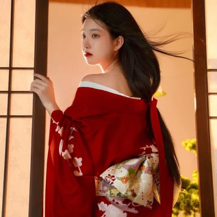 Red Elegant Print Traditional Kimono Dress - One Size