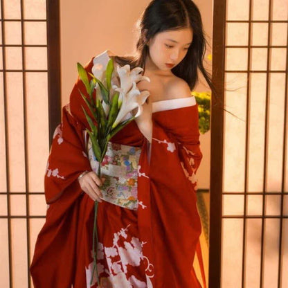 Red Elegant Print Traditional Kimono Dress - One Size