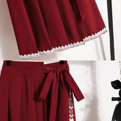 Red Flower Embroideried Hoodie High Waist Pleated Skirt