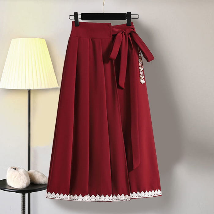 Red Flower Embroideried Hoodie High Waist Pleated Skirt