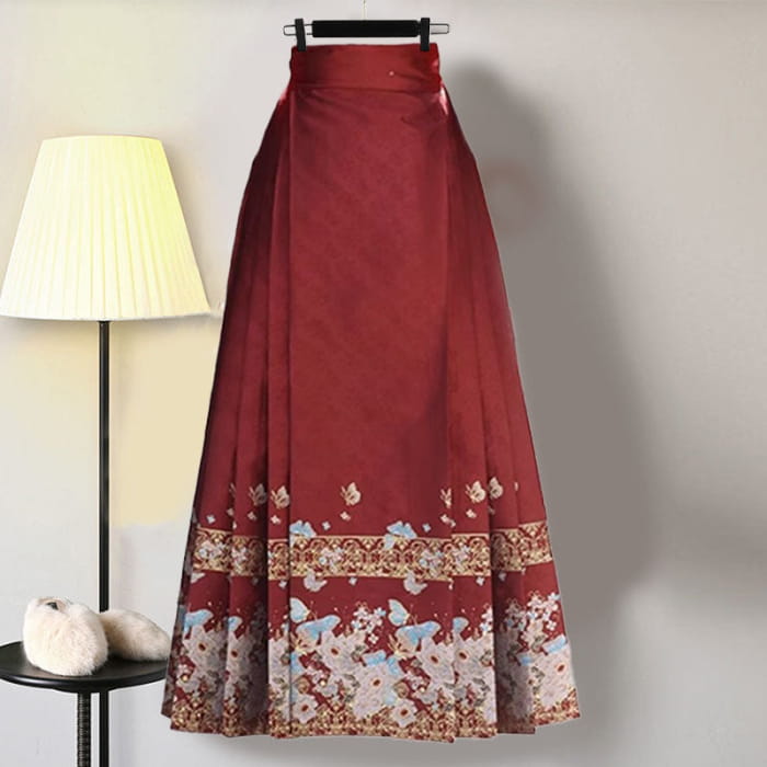 Red Flower Embroideried Hoodie High Waist Pleated Skirt - D