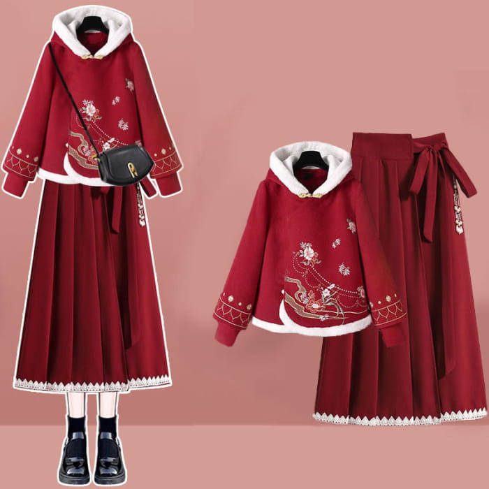 Red Flower Embroideried Hoodie Plush Pleated Skirt - Set