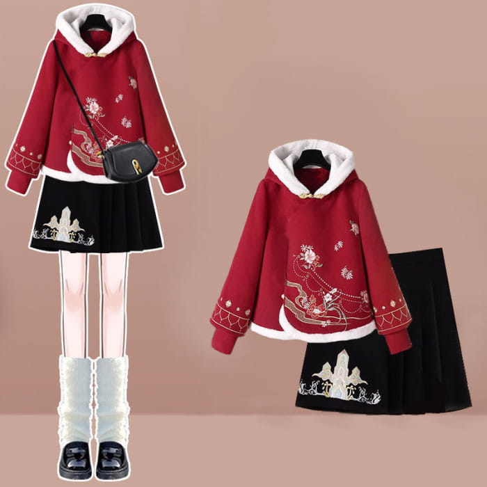 Red Flower Embroideried Hoodie Plush Pleated Skirt - Set C