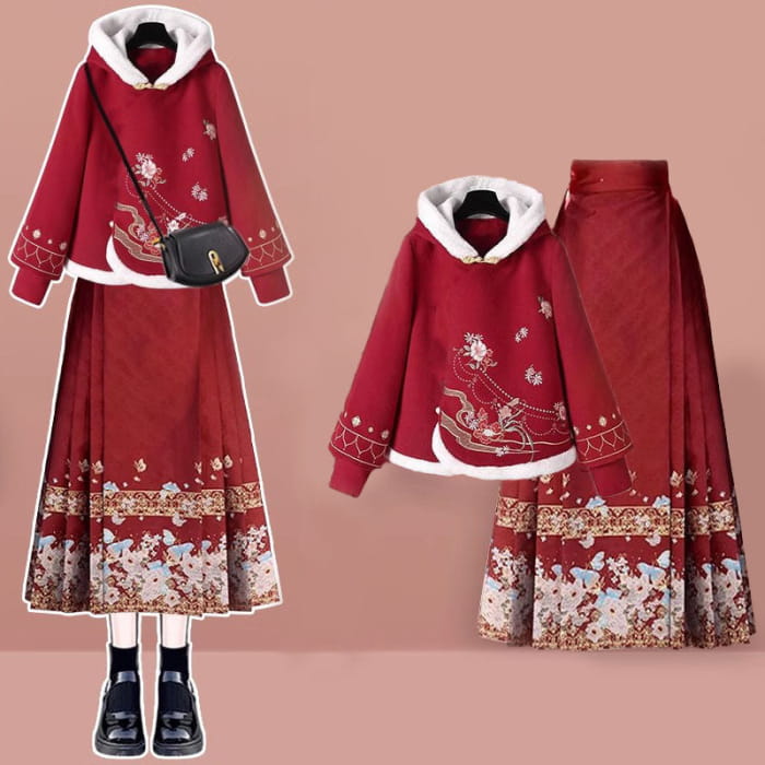 Red Flower Embroideried Hoodie Plush Pleated Skirt - Set D