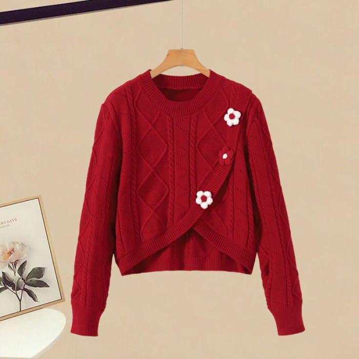 Red Flower Sweater High Waist Skirt - M