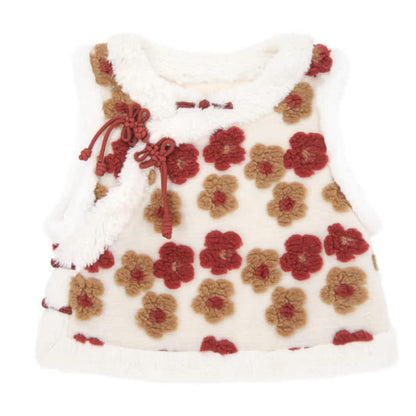 Red Flowers Buckle Vest Bowknot Cheongsam Dress - S