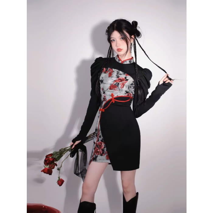 Red Flowers Puff Sleeve Short Cheongsam - XS - Female Hanfu