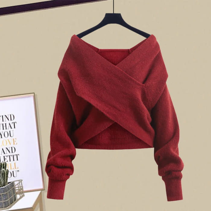 Red Knit Sweater Turtleneck Shirt Vintage Dragon Pattern