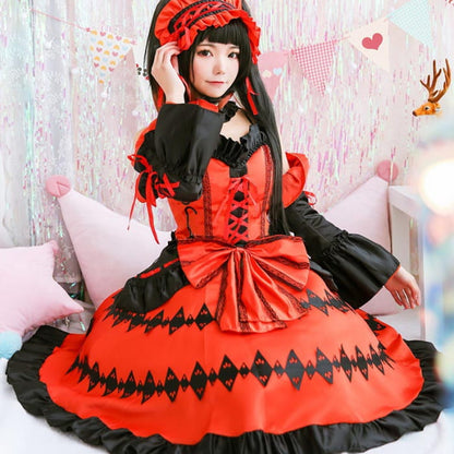 Red Lolita Princess Cosplay Lace Up Dress - One Size