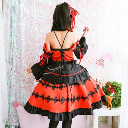 Red Lolita Princess Cosplay Lace Up Dress - One Size