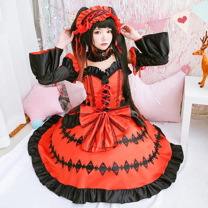 Red Lolita Princess Cosplay Lace Up Dress - One Size