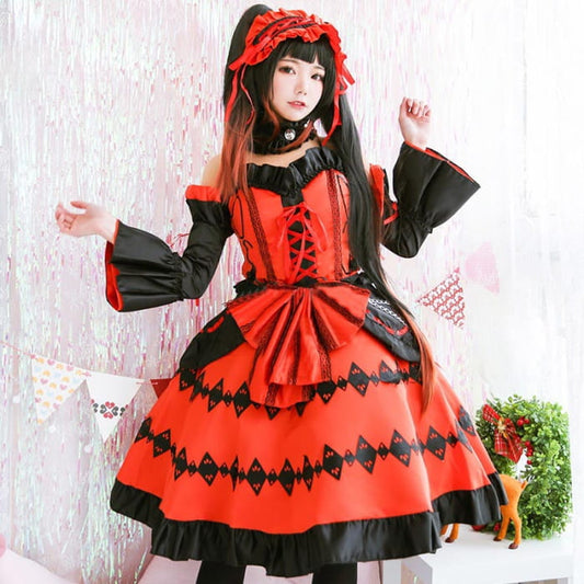 Red Lolita Princess Cosplay Lace Up Dress - One Size