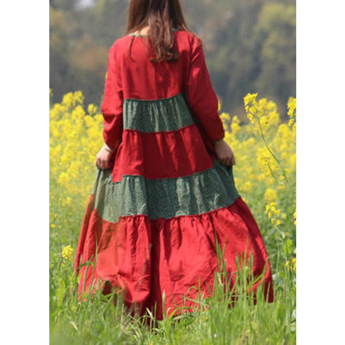 Red O-Neck Wrinkled Patchwork Long Dresses Spring VB1030