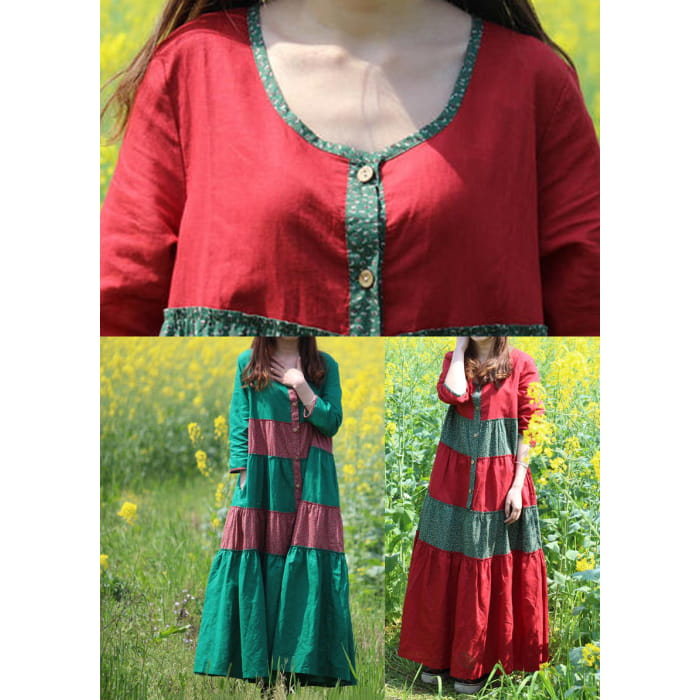 Red O-Neck Wrinkled Patchwork Long Dresses Spring VB1030
