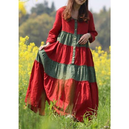 Red O-Neck Wrinkled Patchwork Long Dresses Spring VB1030