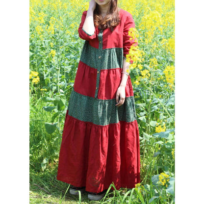 Red O-Neck Wrinkled Patchwork Long Dresses Spring VB1030