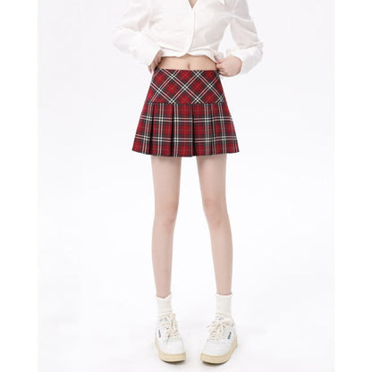 Red Plaid Pleated Skirt