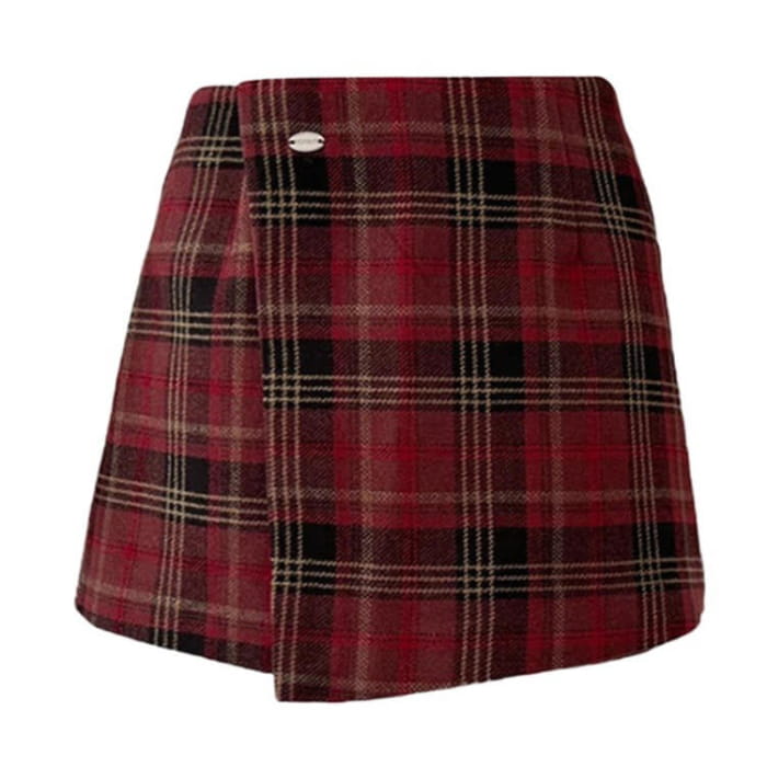 Red Plaid Wrap Skirt - S