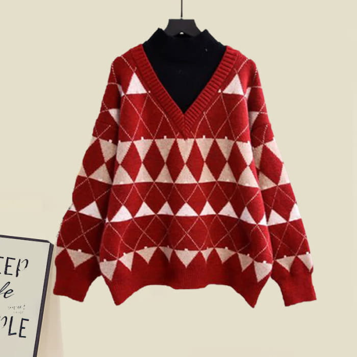 Red Rhombus Plaid Sweatshirt Slip Dress Set modakawa