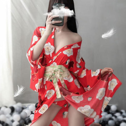 Red Sakura Print Kimono Lingerie Nightdress - One Size