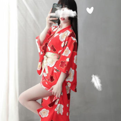 Red Sakura Print Kimono Lingerie Nightdress - One Size