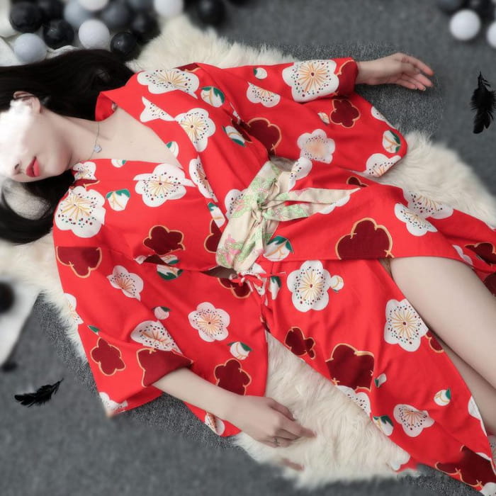 Red Sakura Print Kimono Lingerie Nightdress - One Size