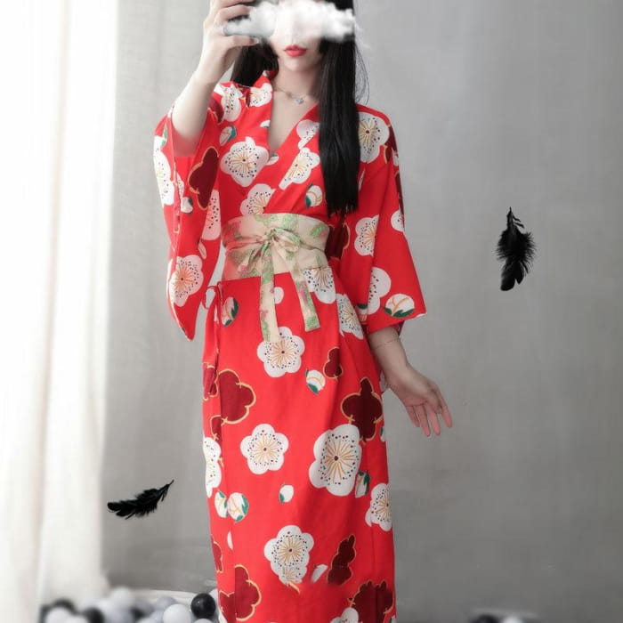 Red Sakura Print Kimono Lingerie Nightdress - One Size