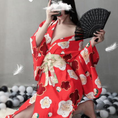 Red Sakura Print Kimono Lingerie Nightdress - One Size