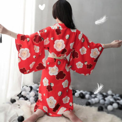 Red Sakura Print Kimono Lingerie Nightdress - One Size