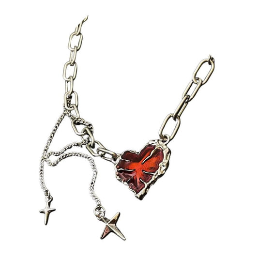 Red Stone Heart Chain Necklace - Standart / Silver