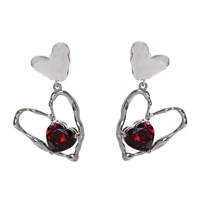 Red Stone Heart Earrings - Standart / Silver/red - earrings