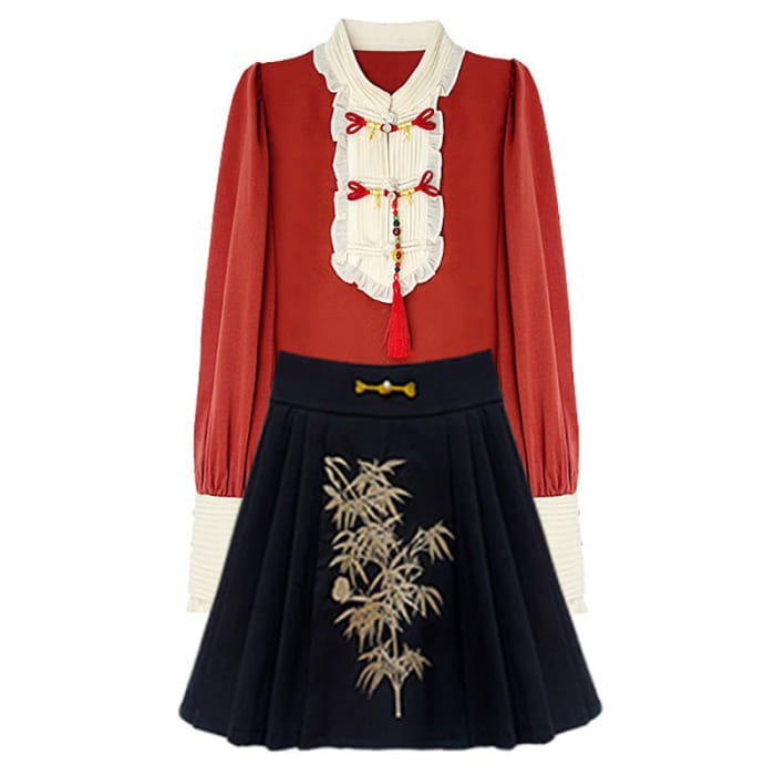 Red Tassel Shirt Bamboo Print Skirt Set - S