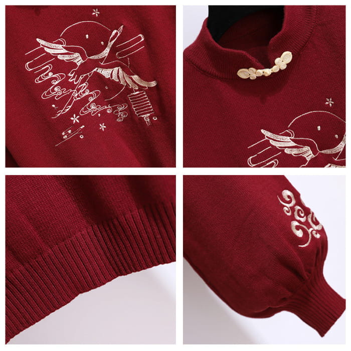 Red Vintage Crane Sweater Hoodie Dragon Pattern Split Pants