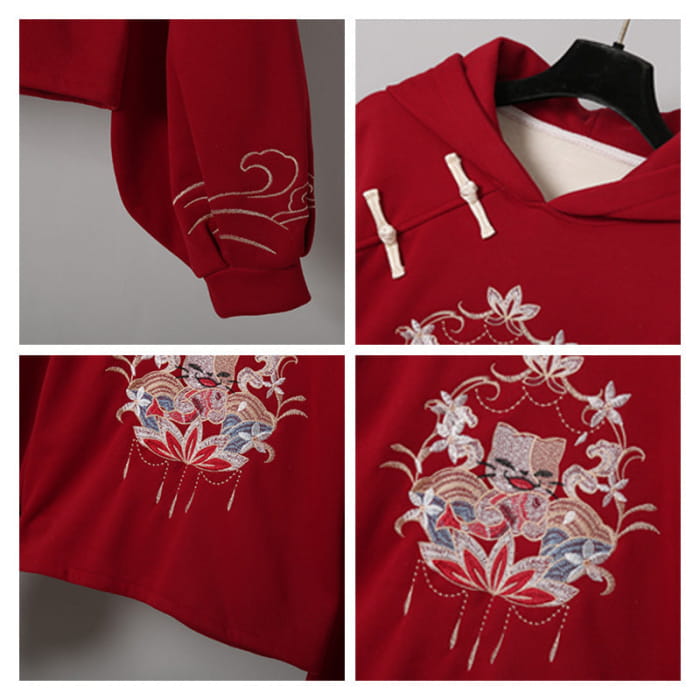 Red Vintage Crane Sweater Hoodie Dragon Pattern Split Pants
