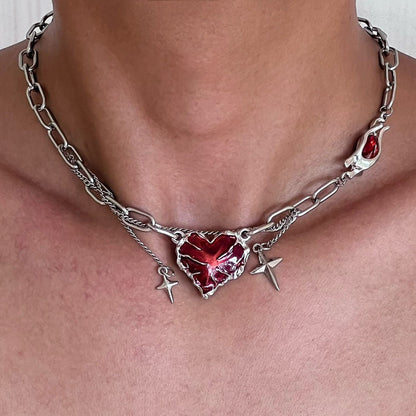 Red Stone Heart Chain Necklace - Standart / Silver