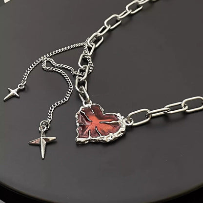 Red Stone Heart Chain Necklace - Standart / Silver