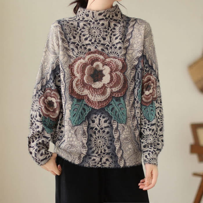 Retro Blossom Print Mock Tutleneck Sweater