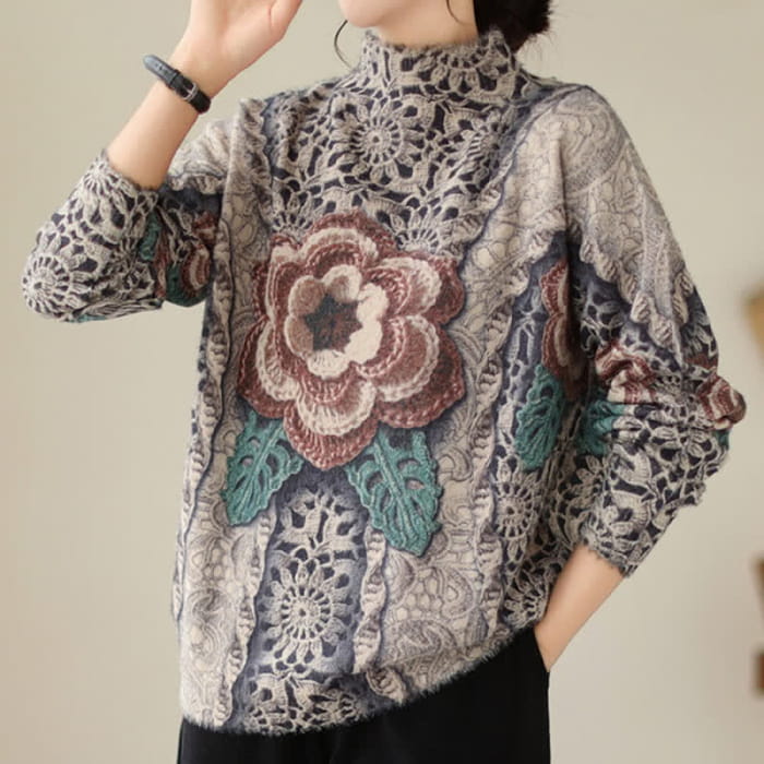 Retro Blossom Print Mock Tutleneck Sweater - Brown / M