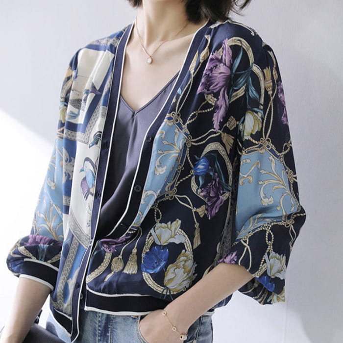 Retro Blue Bird Printed Shirt - Navy / M